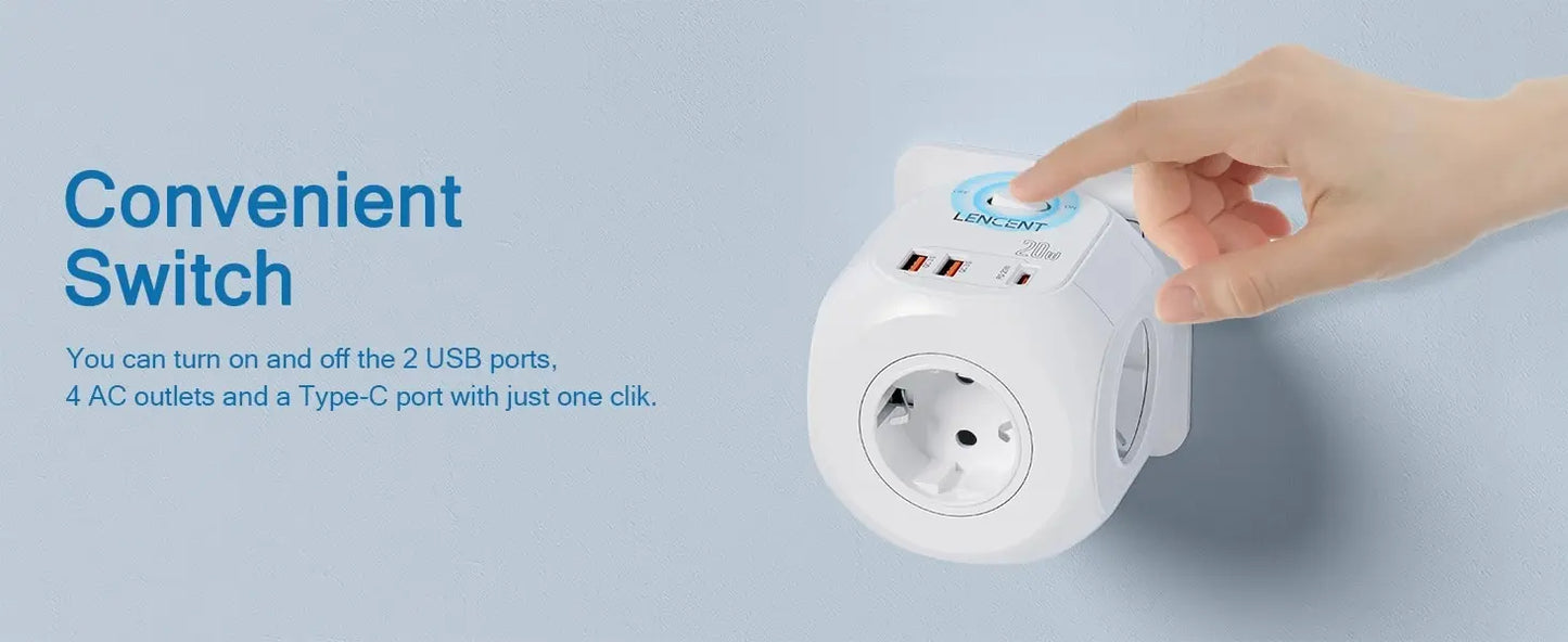 LENCENT EU Plug Wall Socket Extender with 4 AC +QC3.0USBX2 +1 Type C PD20W Fast Charger Adapter 7-in-1 Socket On/Off Switch