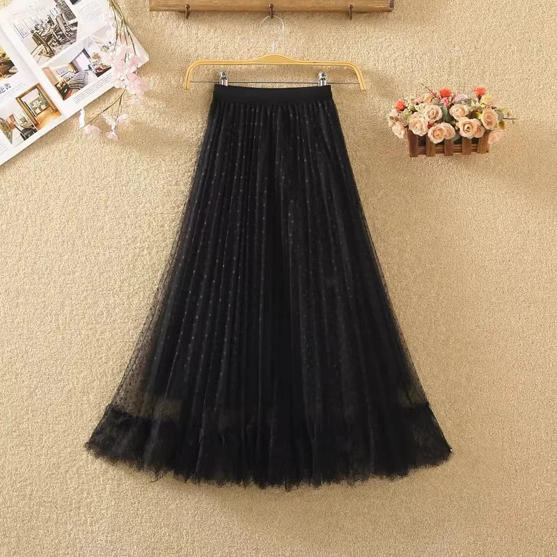 Tutu Tulle Long Maxi Skirt Women Fashion 2023 Korean Cute Pink High Waist Pleated Skirt Mesh Female Lady Aesthetic Faldas