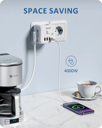 LENCENT EU Plug Power Strip Wall Socket with 3 AC+3 USB QC 18W +1 Type C PD 35W Fast Charger Adapter 7-in-1 Socket On/Off Switch
