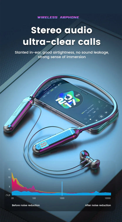 Wireless Earphones 5.3 Neckband Headphones Gaming LED Display Stereo Sports Headset Halter Waterproof Magnetic Earbuds