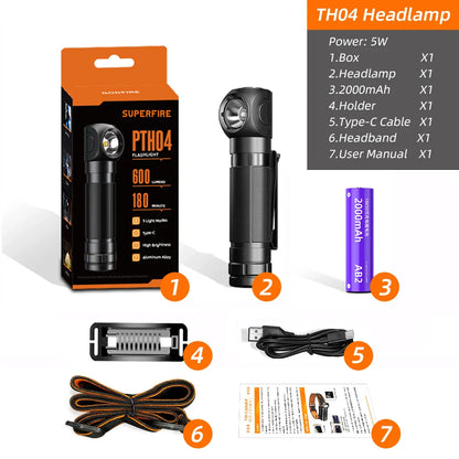 New SUPERFIRE TH04 LED Headlamp Type C Rechargeable 90° Headlight 18650 Flashlight with Indicator Magnet Tail, Head Flashlight