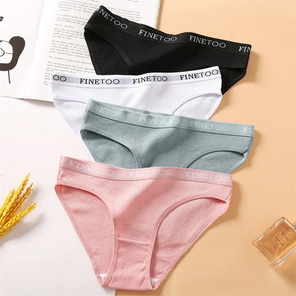 FINETOO 4Pcs Cotton Striped Underwear Women's Panties Letter Belt Briefs Ladies Low Waist Lingerie Solid Breathable Underpants