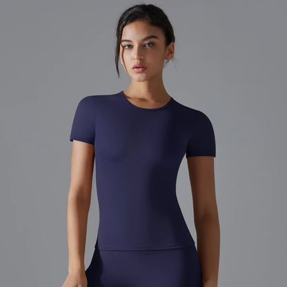 Women Running Sports T Shirt Summer Short Sleeve Round Neck Breathable Stretchy GYM Yoga Slim Fitness Active Top Tee