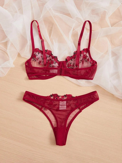 Women Floral Embroidory Underwear Set Sexy Lace Erotic Lingerie Female Bra And Brief Transparent Sensual Push Up Panty Patchwork