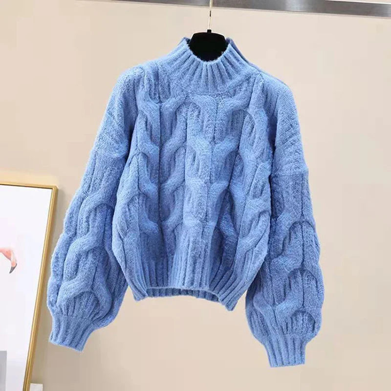 Twist Sweater Women Lantern Long-Sleeved Loose Lazy Chic Fall Winter Korean Knitted Casual O-Neck Pullover Female Sweet Jumpers