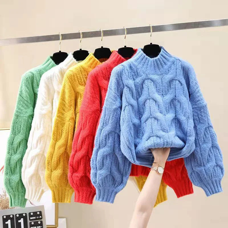 Twist Sweater Women Lantern Long-Sleeved Loose Lazy Chic Fall Winter Korean Knitted Casual O-Neck Pullover Female Sweet Jumpers