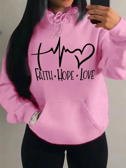 Faith Hope Love Letter Graphic Women Hoody Street Casual Loose Sweatshirt Autumn Fleece Hooded Hip Hop O-Neck Clothing Female