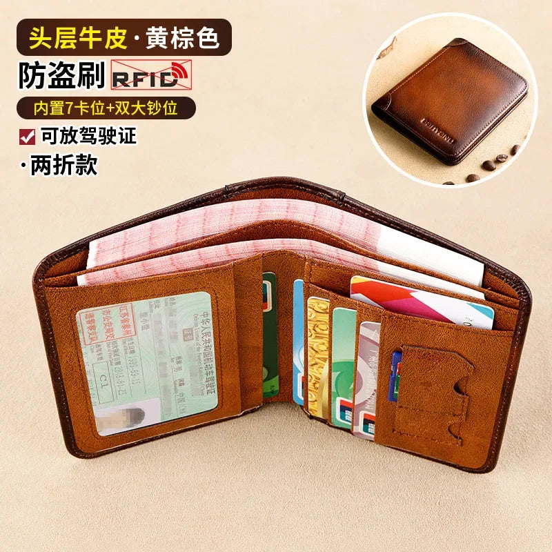 Genuine Leather Wallet Retro Business Design Rfid Protection Short Card Holder Coin Purses Money Bag Men Business Wallet Handbag
