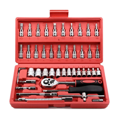 46pc Drive Socket Set 1/4 inch Ratchet Wrench Set with Sockets Metric Hex Bit Socket Set Mechanic Tool Kits for Hous Auto Repair
