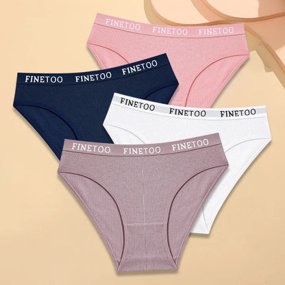 FINETOO 4Pcs Cotton Striped Underwear Women's Panties Letter Belt Briefs Ladies Low Waist Lingerie Solid Breathable Underpants