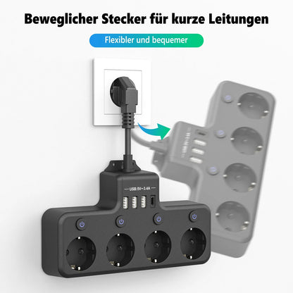 European plug power strip multi-contact socket with 3 USB and 1Type-C ports household power socket with switch surge protector