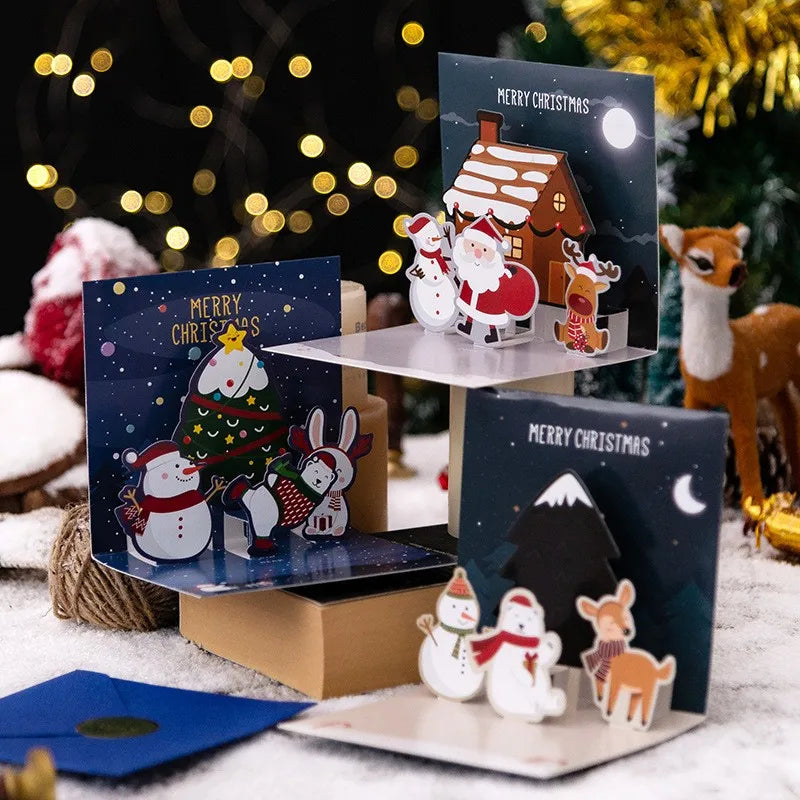 5/1PCS 3D Pop UP Christmas Greeting Cards with Envelope Friend Family Blessing Postcard Birthday New Year Christmas Decoration