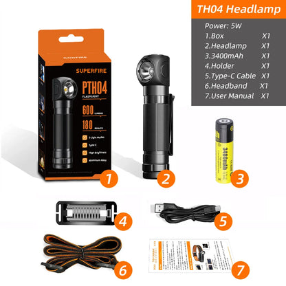 New SUPERFIRE TH04 LED Headlamp Type C Rechargeable 90° Headlight 18650 Flashlight with Indicator Magnet Tail, Head Flashlight