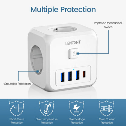 LENCENT EU Plug Power Strip Wall Socket with 3 AC+3 USB QC 18W +1 Type C PD 35W Fast Charger Adapter 7-in-1 Socket On/Off Switch