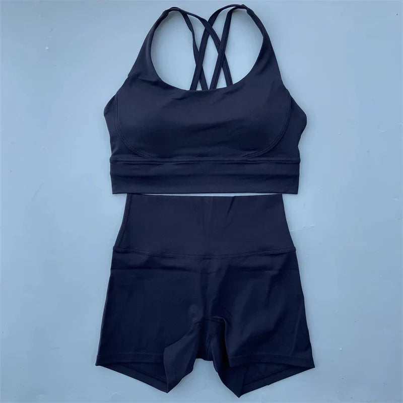 Solid Color gym bike Yoga Set short Legging +cross sport bra Tracksuit  Athletic Women Gym Suit Comprehensive Training Jogging