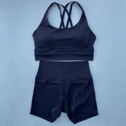 Solid Color gym bike Yoga Set short Legging +cross sport bra Tracksuit  Athletic Women Gym Suit Comprehensive Training Jogging