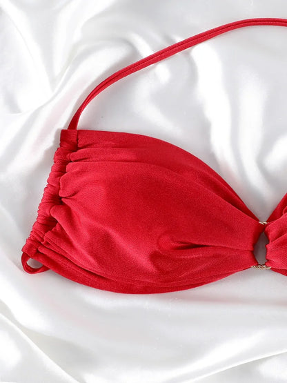 Solid Color Bikinis Push Up Swimwear Women Halter Bikini Set Shiny Swimsuit Push Up Bathing Suits Bandage Beachwear Thong