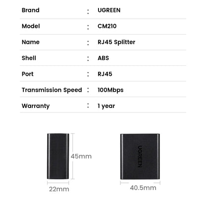 UGREEN RJ45 Splitter 1 to 2 Ethernet Adapter Internet Network Cable Extender RJ45 Connector Coupler for PC Laptop TV Box Router