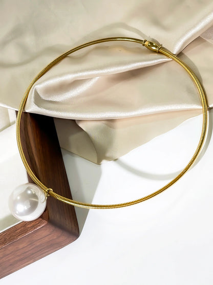 Peri'sbox Simple Imitation Pearl Globular Pendant Necklace for Women Stainless Steel Gold Plated Non-fade Hip-Hop Trendy Jewelry