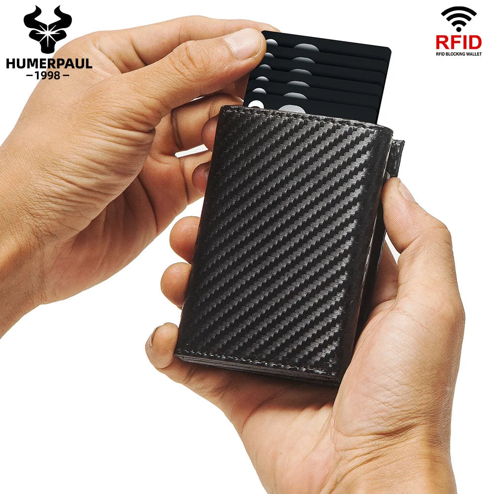 Men Smart Wallet Credit Card Holder for AirTag Carbon Fiber Aluminum Automatic Pop Out Cardholder Case with Money Clip