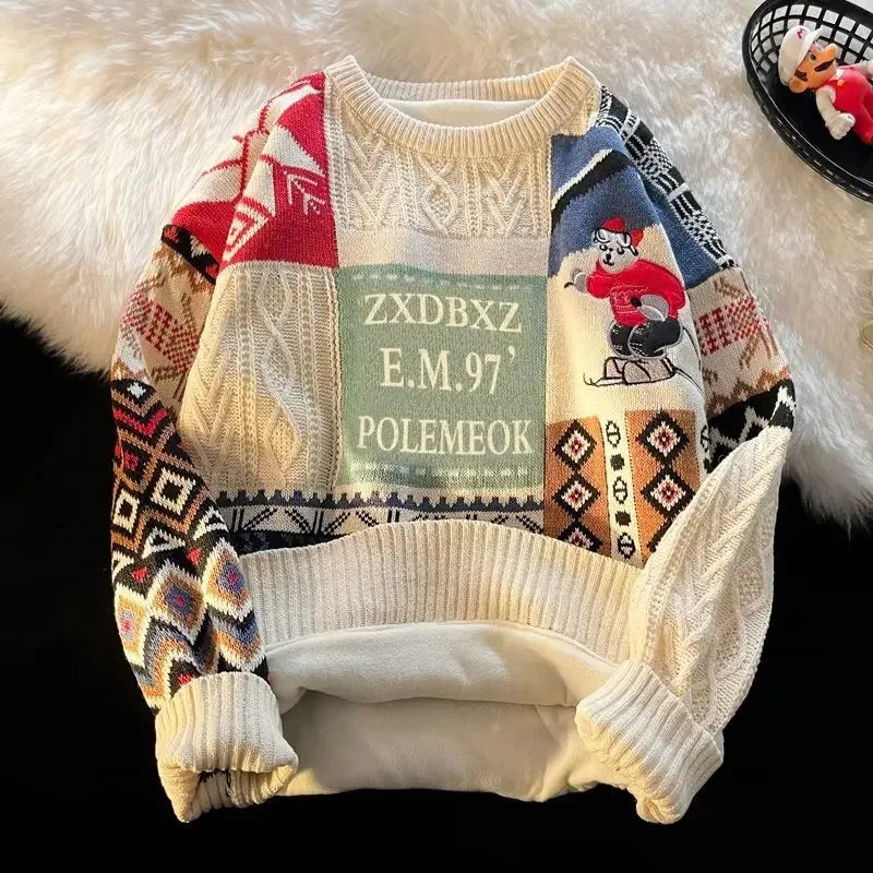 Christmas Sweater Men's Winter Loose-fit Casual Style Knitted Top Jacket American Vintage Fleece-lined Thickened Line Clothes