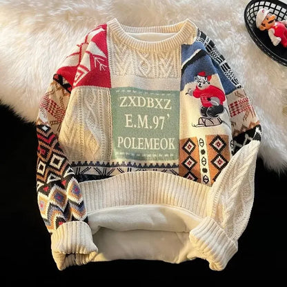 Christmas Sweater Men's Winter Loose-fit Casual Style Knitted Top Jacket American Vintage Fleece-lined Thickened Line Clothes