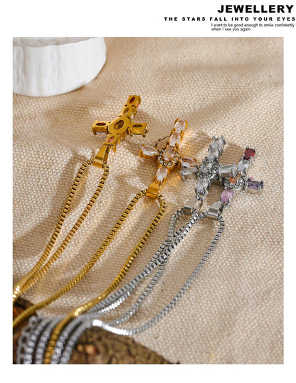 Yhpup Delicate Colorful Bling Cubic Zirconia Cross Pendant Stainless Steel Luxury Necklace High-Grade Fashion Shiny Jewelry Gift