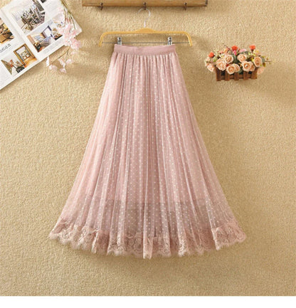 Tutu Tulle Long Maxi Skirt Women Fashion 2023 Korean Cute Pink High Waist Pleated Skirt Mesh Female Lady Aesthetic Faldas