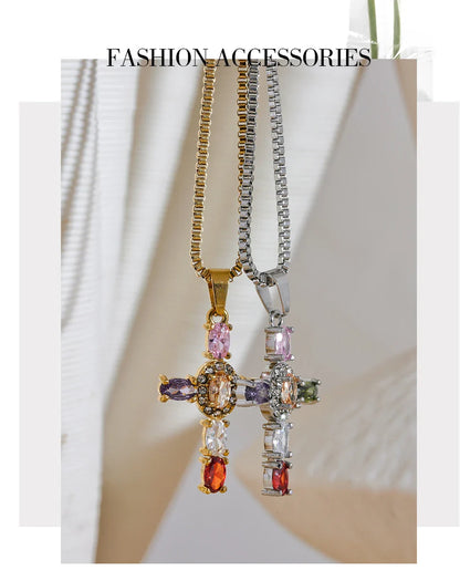 Yhpup Delicate Colorful Bling Cubic Zirconia Cross Pendant Stainless Steel Luxury Necklace High-Grade Fashion Shiny Jewelry Gift