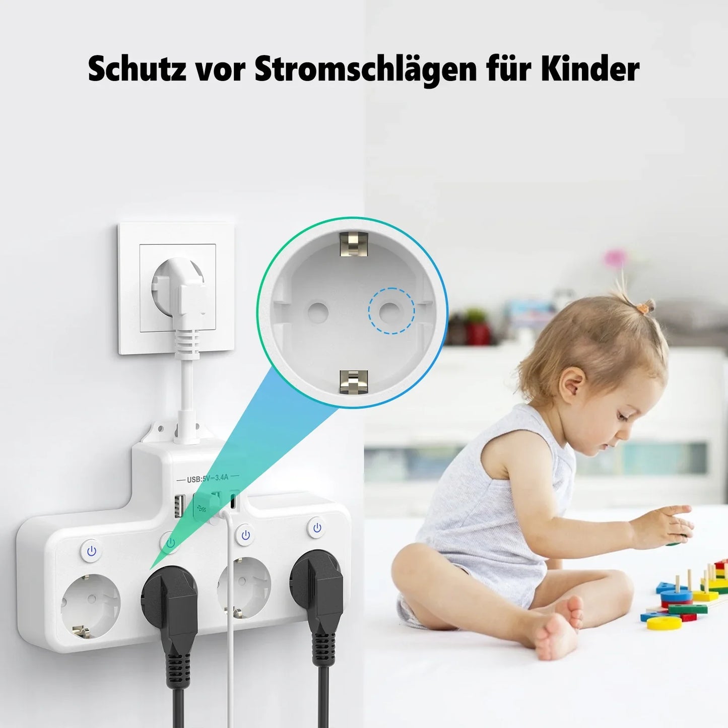 European plug power strip multi-contact socket with 3 USB and 1Type-C ports household power socket with switch surge protector