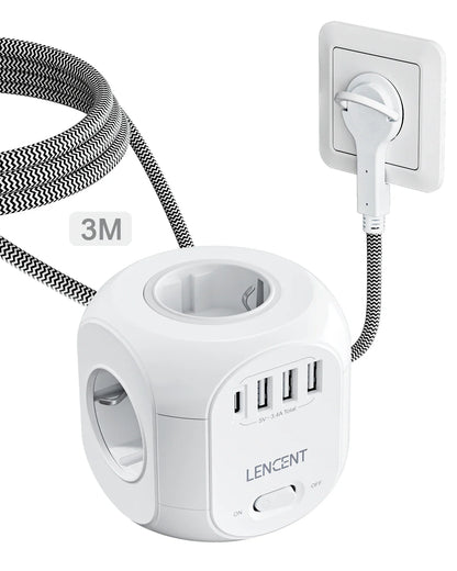 LENCENT EU Plug Power Strip with 4 AC Outlets 3 USB Port 1 Type C 2M/3M Braided Cable Multi Socket with Switch for Home