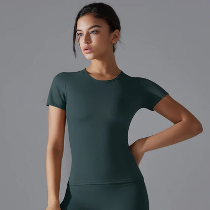 Women Running Sports T Shirt Summer Short Sleeve Round Neck Breathable Stretchy GYM Yoga Slim Fitness Active Top Tee