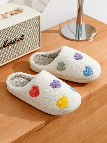 Cute Color Heart Women Slippers Valentine's Day Embroidery Fuzzy Romantic Love Comfy Flat Girl Friend Gift Winter Home Shoes