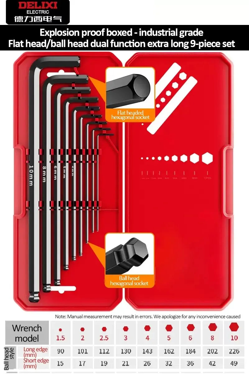 DELIXI ELECTRIC Allen Key Set，Allen Hex WrenchScrewdriverBox-packed Set，SleevUniversal Torque Long Metric,for VehicleMaintenance