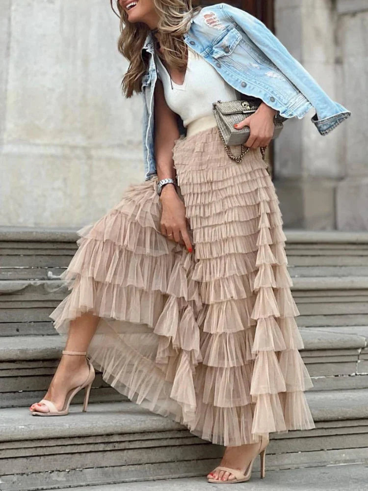 Solid Multilayer Ruffle Mesh Skirt Women Boho High Waist Long Maxi Tulle Skirt Spring Summer Party Women'S Clothing