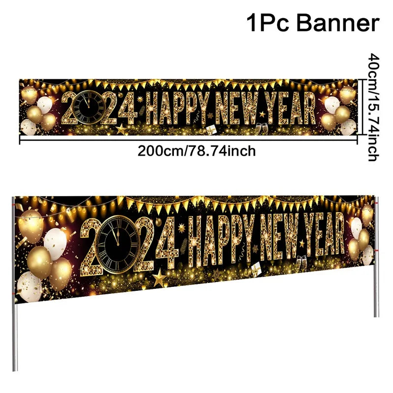 Black/Red Gold Happy New Year 2025 Banner Navidad Natal Noel Outdoor Flags New Year Party Decor Balloon Photography Background