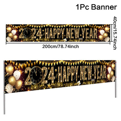 Black/Red Gold Happy New Year 2025 Banner Navidad Natal Noel Outdoor Flags New Year Party Decor Balloon Photography Background
