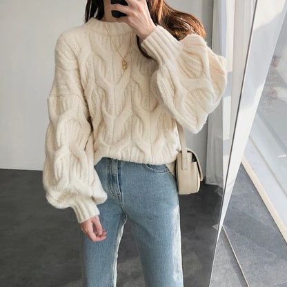Twist Sweater Women Lantern Long-Sleeved Loose Lazy Chic Fall Winter Korean Knitted Casual O-Neck Pullover Female Sweet Jumpers