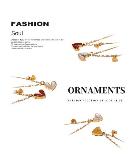 Yhpup Red Enamel White Natural Shell Stainless Steel Heart Pendant Necklace Trendy Exquisite Jewelry Attractive Accessories