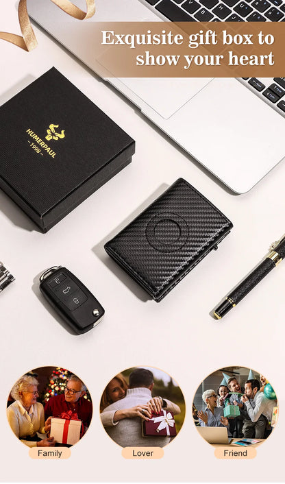 Men Smart Wallet Credit Card Holder for AirTag Carbon Fiber Aluminum Automatic Pop Out Cardholder Case with Money Clip