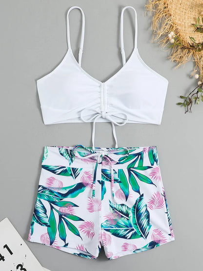 Drawstring Front Shorts Bikinis 2025 High Waist Swimsuit Women Swimwear Female Bathers Bathing Swimming Swim Suit Beachwear