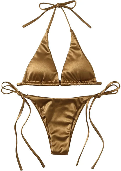 Halter Brazilian Metallic Satin Bikini Women Swimwear Female Swimsuit Two-pieces Bikini Set High Cut Bathing Suit Swim Beachwear