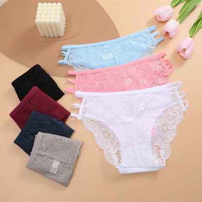 3PC/Set Women Sexy Lace Panties Low Rise Hollow Out Briefs Floral Transparent Underwear for Feamale Elastic Straps Soft Lingerie