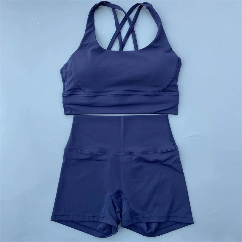 Solid Color gym bike Yoga Set short Legging +cross sport bra Tracksuit  Athletic Women Gym Suit Comprehensive Training Jogging