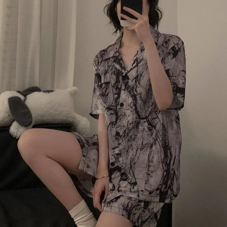 Cherries Print Two Pieces Pajamas Set Summer Faux Stain Pajamas Fashion Home Clothes Ladies Casual Shorts and Top Set Pijamas