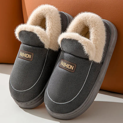 Comwarm Women Cotton Slippers Winter Warm Plush Lined Outdoor Slides Couple Non-slip Furry House Slippers Soft Cozy Cotton Shoes
