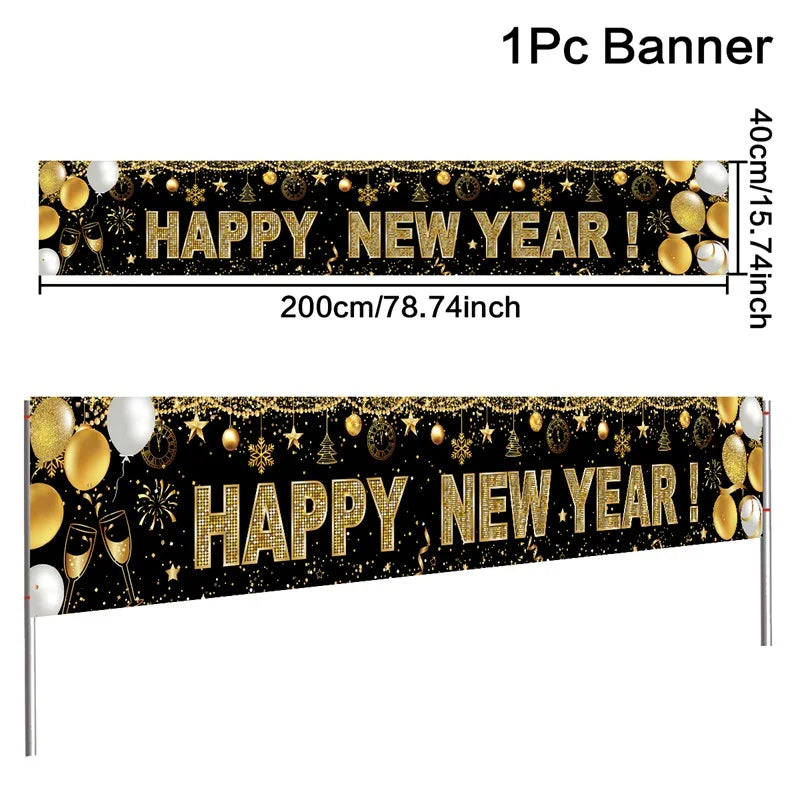 Black/Red Gold Happy New Year 2025 Banner Navidad Natal Noel Outdoor Flags New Year Party Decor Balloon Photography Background