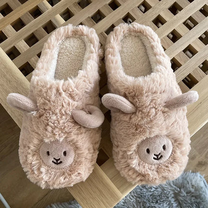 Women Home Fluffy Slippers Platform Anti Slip Comfortable Warm Shoes Cute Sheep Outdoor Couple Slippers Women Men Ladies Shoes