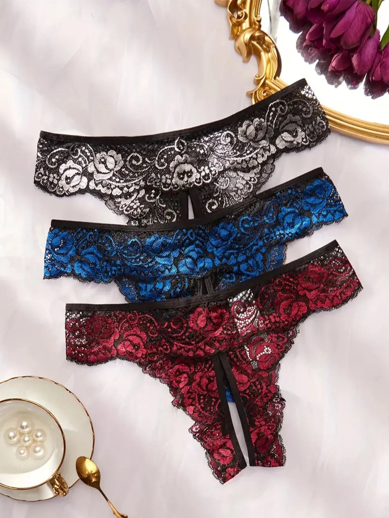 Transparent Lace Romantic Floral Thong Soft & Seductive Open Crotch Women's Underwear Sexy G-string Comfortable Female Lingerie