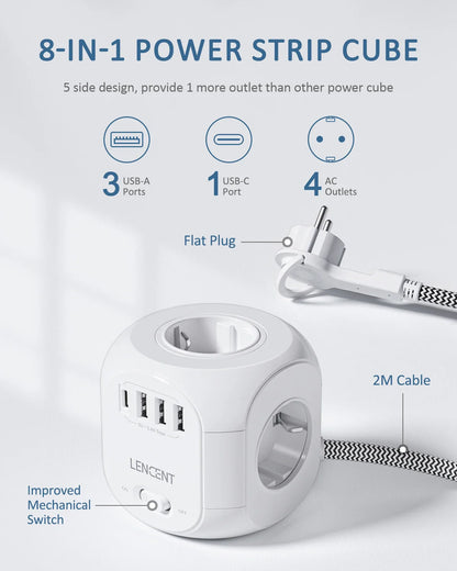 LENCENT EU Plug Power Strip with 4 AC Outlets 3 USB Port 1 Type C 2M/3M Braided Cable Multi Socket with Switch for Home